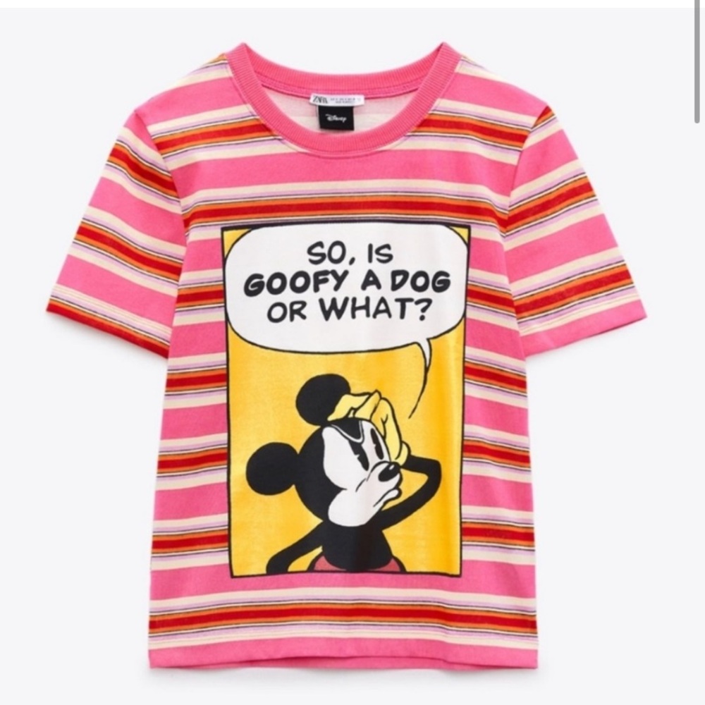 NWT Zara X Disney Striped Pink and Yellow Tee Size S Mickey Mouse Goofy dog
